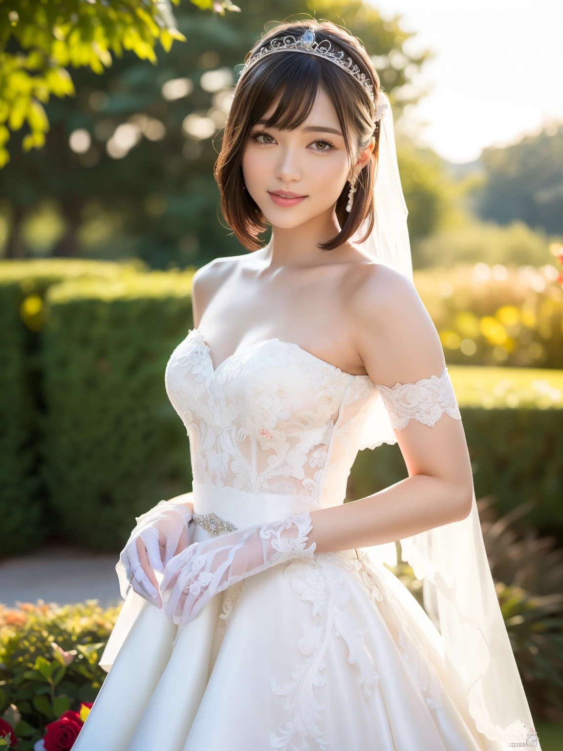 (Best quality: 1.5), (Realistic: 1.5), (1 person: 1.5), (Medium shot: 1.5), Highly detailed, High resolution, 8k, Medium breasts, Natural colored lips, Cute smile, Japanese woman, 20-year-old girl, beautiful and elegant features, perfect and beautiful face, large eyes with good balance between the left and right sides, brunette eyes, beautiful and elegant features, beautiful double eyelids, natural bangs, beautiful thin nose, beautiful skin, fair skin, (medium bob hair), natural bangs, perfect and beautiful face, slim face and figure, (looks at the camera with a sweet smile), bright lighting, professional lighting, forward lighting, princess line wedding dress, best Wearing a luxury bridal tiara (wearing a pure white off-shoulder wedding dress), luxury wedding dress, lace white gloves, bridal veil, (Western garden with beautiful roses), Western garden, micro mini skirt, ((garter belt)), knee-high lace stockings,