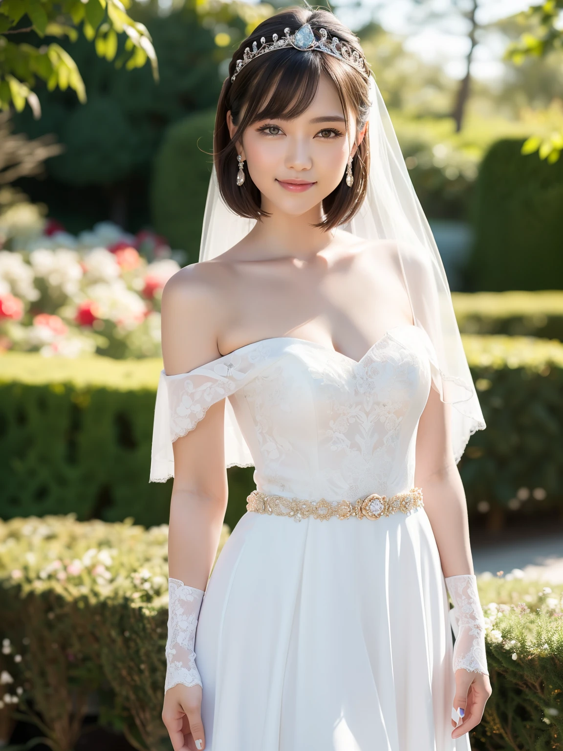 (Best quality: 1.5), (Realistic: 1.5), (1 person: 1.5), (Medium shot: 1.5), Highly detailed, High resolution, 8k, Medium breasts, Natural colored lips, Cute smile, Japanese woman, 20-year-old girl, beautiful and elegant features, perfect and beautiful face, large eyes with good balance between the left and right sides, brunette eyes, beautiful and elegant features, beautiful double eyelids, natural bangs, beautiful thin nose, beautiful skin, fair skin, (medium bob hair), natural bangs, perfect and beautiful face, slim face and figure, (looks at the camera with a sweet smile), bright lighting, professional lighting, forward lighting, princess line wedding dress, best Wearing a luxury bridal tiara (wearing a pure white off-shoulder wedding dress), luxury wedding dress, lace white gloves, bridal veil, (Western garden with beautiful roses), Western garden, micro mini skirt, ((garter belt)), knee-high lace stockings,