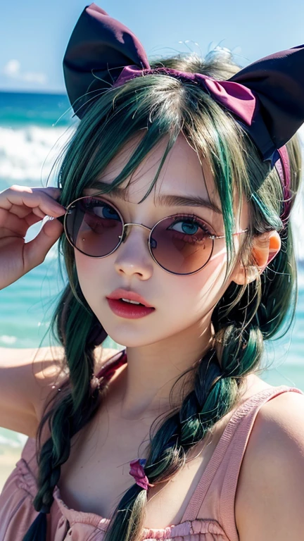 1girl, eyewear_on_head, sunglasses, green_eyes, solo, blue_hair, portrait, looking_at_viewer, pink_bow, open_mouth, braid, ocean, bow, hair_bow, blush, sky, short_hair, cloud, day, bangs
