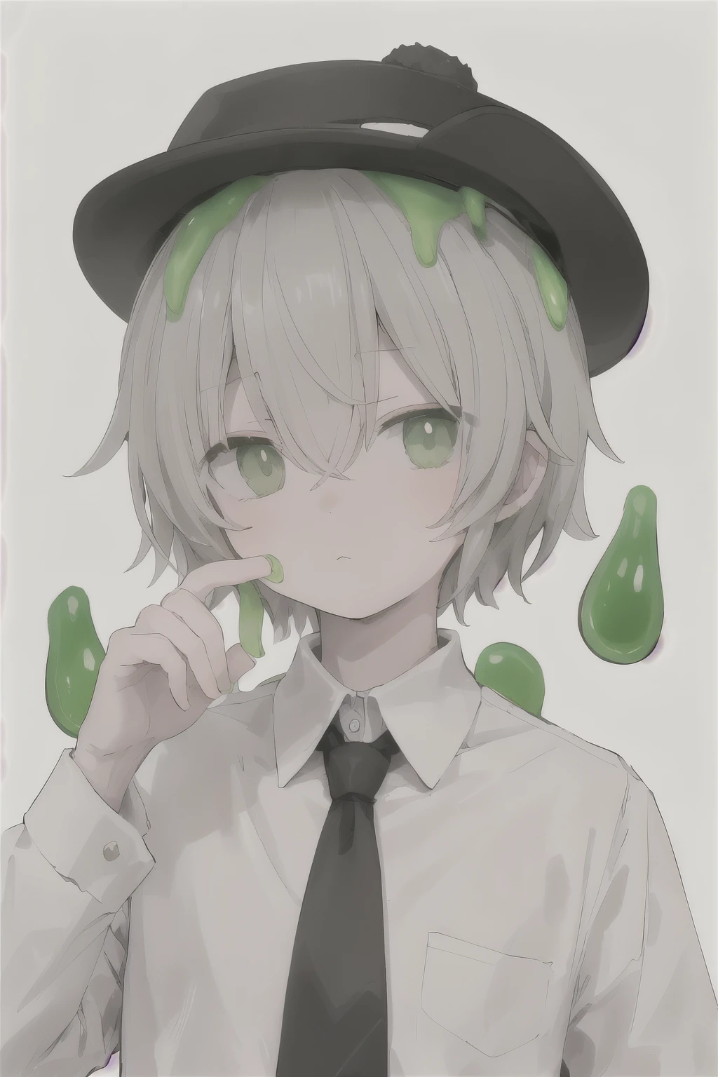 green eyes, alone, have, 1st son, male focus, possession, shirt, necktie, upper body, looking at viewer, long sleeves, Short hair, black hat, gray hair, collared shirt, white shirt, closed mouth, 녹색 Fingernail, hair between eyes, Fingernail, slime \(substance\), smart, take style