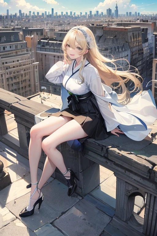 Official Art, masterpiece, Be focused, (beautiful, Beautiful and cute Korean woman:1.3), (Beautiful and cute Korean:1.3), Korean beauty, 精致beautiful头发、Eyes and face, Practical, Super detailed, beautiful女孩, Blue sky, Glowing white particles, (Side Light:1.2), Sunlight, White Cloud, Detailed clouds, Slim, Such a cute big ass, Smile with teeth bared, ((Smile with your eyes, Open your eyes)), landscape, Long and straight hair, sexy facial expression, architecture, (city View:1.7), Dynamic Hair, very Long and straight hair, Delicate platinum-blonde hair, Green Eyes, Black skirt, , Pale skin, Hair accessories, epic landscape,，White high heels，Nice ass，beautiful buttocks，There&#39;There&#39;s nothing under the skirt..，weight loss