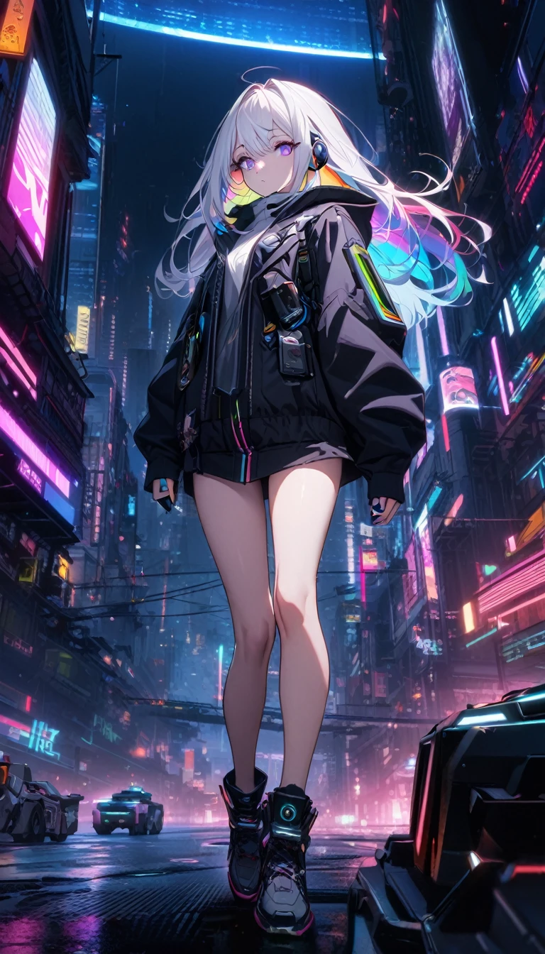 8K resolution，Handsome, solitary, 1 female, Medium Length Hair, white hair, Rainbow hair, Purple Eyes，Exquisite eyes, Black and white hood, Futuristic, Cyberpunk, Cybernetics，Bare Legs，Armored Vehicles，night，earphone