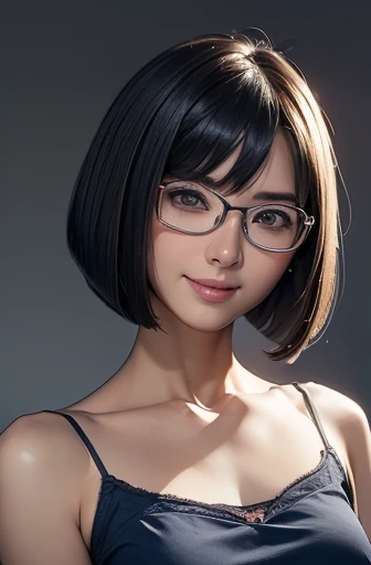 (masterpiece), (8k, best quality, high resolution), (ultra-detailed, realistic), (anatomically correct),
((from head to thighs)), (Standing), (No background),
(1woman), (looking at viewer),
(A Japanese woman, 30 years old and 155cm tall),
(black hair), (straight hair), (short hair style), ((bob cut)), (hair behind ears),
(wear glasses), ((black cell frame glasses)),
((Wear a navy blue spaghetti strap dress)), ((Mini length dress with a simple design and minimal decoration)),
(Create a detailed image of the eye),
(Her impression is pure, clean and kind.),
((A captivating smile, just showing a few teeth.)),