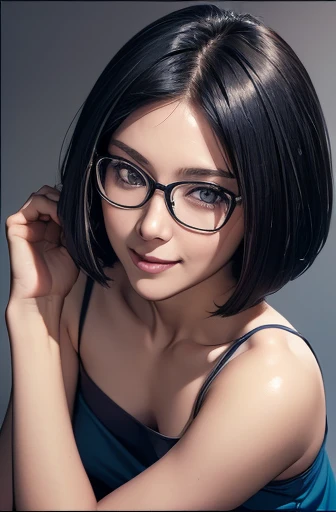 (masterpiece), (8k, best quality, high resolution), (ultra-detailed, realistic), (anatomically correct),
((Worm's-eye view)), ((looking down)),
((face close-up)), (Standing), (No background),
(1woman), (looking at viewer),
(A Japanese woman, 30 years old and 155cm tall.),
((Wear a navy blue tunic camisole)), ((A camisole without decoration.)),
(black hair), (straight hair), (short hair style), ((bob cut)),
(wear glasses), (black square cell glasses),
((smile broadly)),
(Her impression is pure, clean and kind.),