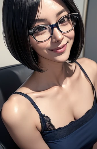 (masterpiece), (8k, best quality, high resolution), (ultra-detailed, realistic), (anatomically correct),
((Worm's-eye view)), ((looking down)),
((face close-up)), (Standing), (No background),
(1woman), (looking at viewer),
(A Japanese woman, 30 years old and 155cm tall.),
((Wear a navy blue tunic camisole)), ((A camisole without decoration.)),
(black hair), (straight hair), (short hair style), ((bob cut)),
(wear glasses), (black square cell glasses),
((smile broadly)),
(Her impression is pure, clean and kind.),