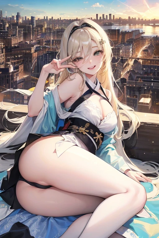 Official Art, masterpiece, Be focused, (beautiful, Beautiful and cute Korean woman:1.3), (Beautiful and cute Korean:1.3), Korean beauty, 精致beautiful头发、Eyes and face, Practical, Super detailed, beautiful女孩, Blue sky, Glowing white particles, (Side Light:1.2), Sunlight, White Cloud, Detailed clouds, Slim, Such a cute big ass, Smile with teeth bared, ((Smile with your eyes, Open your eyes)), landscape, Long and straight hair, sexy facial expression, architecture, (city View:1.7), Dynamic Hair, very Long and straight hair, Delicate platinum-blonde hair, Green Eyes, Black skirt, , Pale skin, Hair accessories, epic landscape,,White high heels,Nice ass,beautiful buttocks,There'There's nothing under the skirt..,weight loss