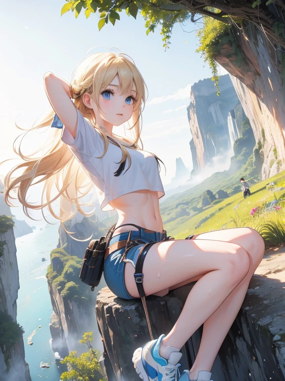 (8k, highest quality, Tabletop:1.2)、Ultra-high resolution, Detailed face, -yeld gi blue eyes, blonde, Braiding, (((Free Solo Climbing))), ((Hands on the cliff)), ((Lift your head)), ((Sweat)), ((Fluttering Hair)), ((sneakers)), ((meanwhile)), (Crop top), (Shorts), holster, fog, null, Dense forest, canyon, high null