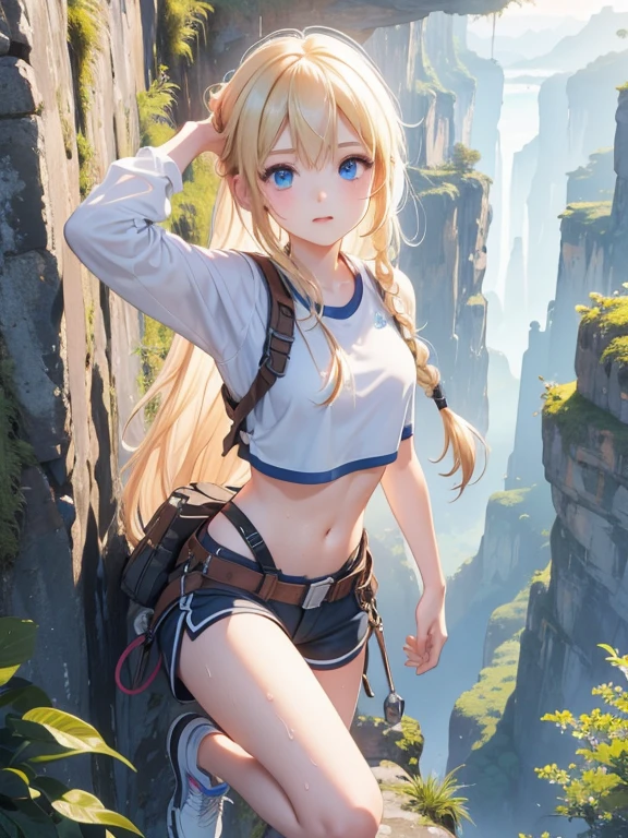 (8k, highest quality, Tabletop:1.2)、Ultra-high resolution, Detailed face, -yeld gi blue eyes, blonde, Braiding, (((Free Solo Climbing))), ((Hands on the cliff)), ((Lift your head)), ((Sweat)), ((Fluttering Hair)), ((sneakers)), ((meanwhile)), (Crop top), (Shorts), holster, fog, null, Dense forest, canyon, high null