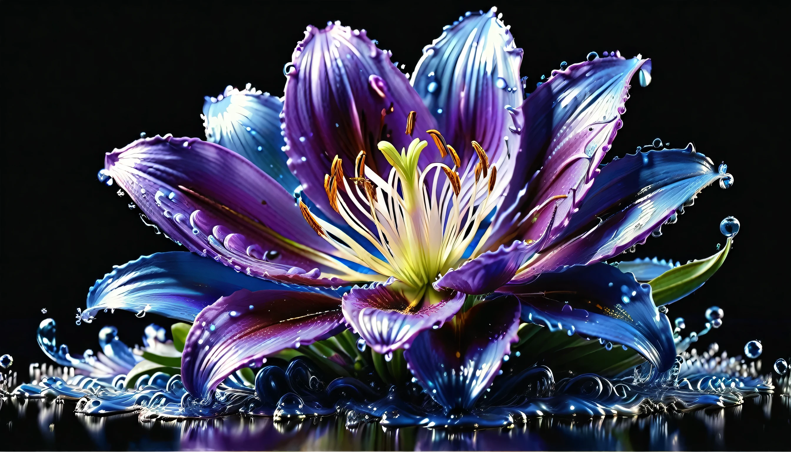 (liquid metal art: 1.5) LIQUID METAL a picture of a exquisite beautiful lily flower made from liquid metal  (masterpiece, best detailed, best quality: 1.4), (blue: 1.5) petals,  there is (purple: 1.3) vivid, living butterfly (masterpiece, best detailed, best quality: 1.4) flying near the lily  dynamic range, ultra wide shot, photorealism, depth of field, hyper realistic,dynamic range, ultra wide shot, photorealism, depth of field, hyper realistic,