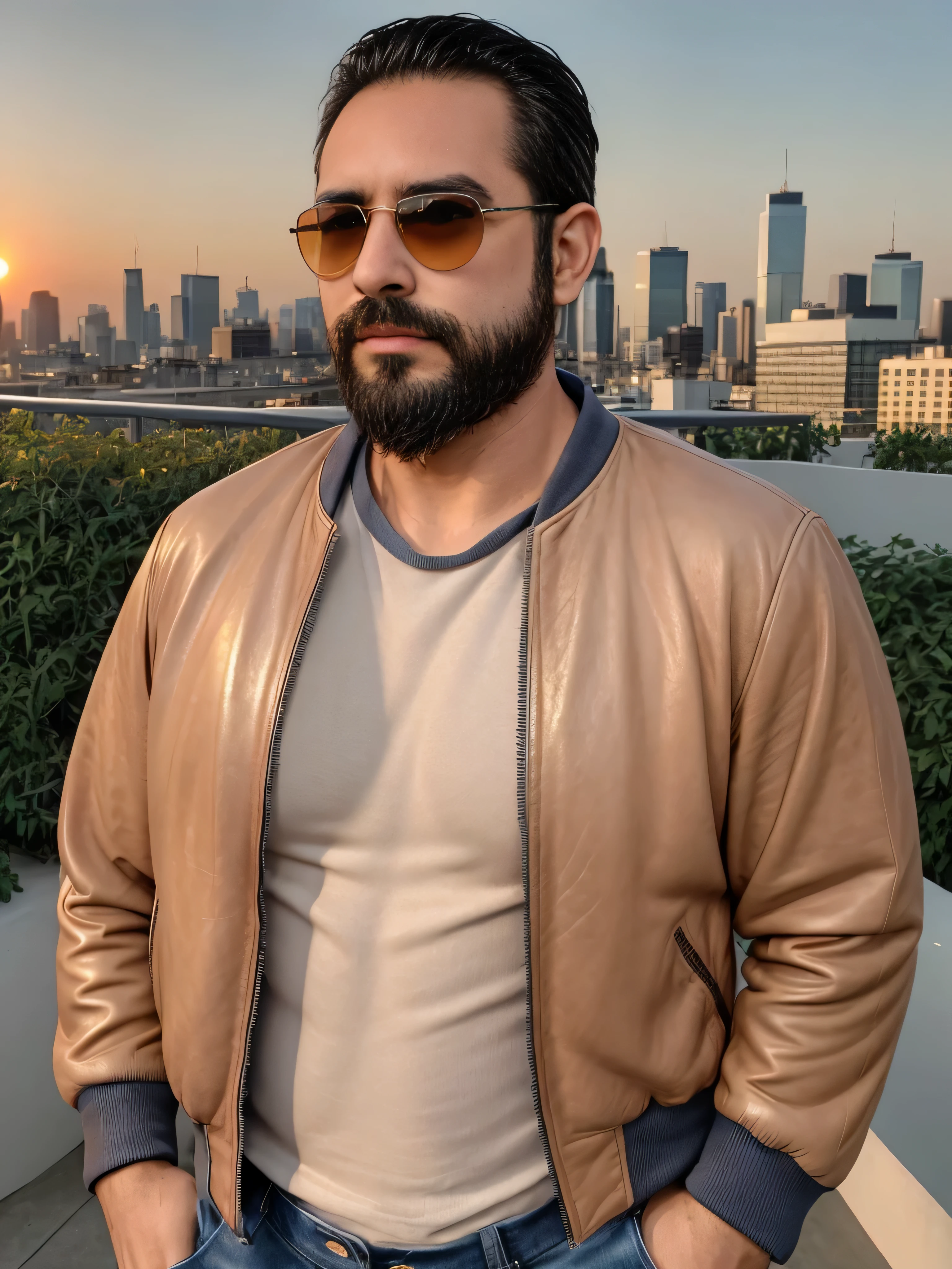 A highly detailed and ultra-realistic digital art image of a very masculine 38-year-old man with a beard and wearing sunglasses. He is shown from the waist up in a medium shot. The setting is a modern, urban rooftop garden during sunset, with a city skyline in the background. The man is dressed in a stylish, fitted leather jacket over a white shirt. His beard is neatly groomed, and his sunglasses reflect the warm hues of the setting sun. The overall mood of the image is sophisticated and serene, with the warm colors of the sunset casting a golden glow over the scene