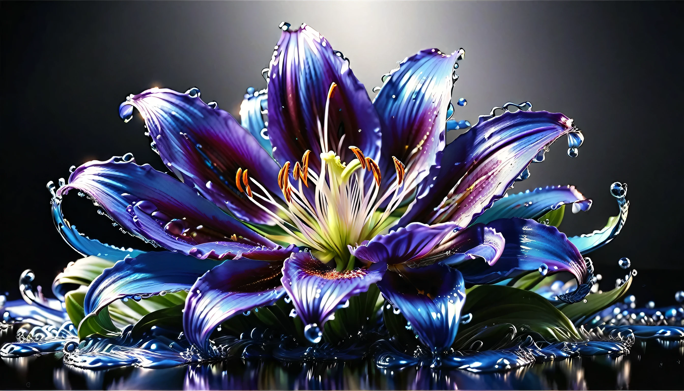 (liquid metal art: 1.5) LIQUID METAL a picture of a exquisite beautiful lily flower made from liquid metal  (masterpiece, best detailed, best quality: 1.4), (blue: 1.5) petals,  there is (purple: 1.3) vivid, living butterfly (masterpiece, best detailed, best quality: 1.4) flying near the lily  dynamic range, ultra wide shot, photorealism, depth of field, hyper realistic,dynamic range, ultra wide shot, photorealism, depth of field, hyper realistic,