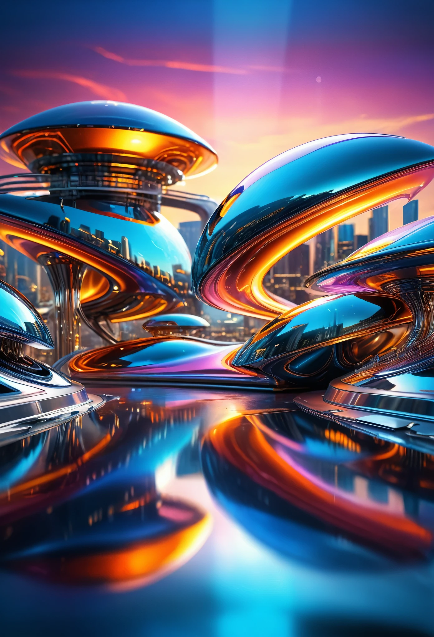 liquid metal flowing with glossy reflections, futuristic sci-fi vibes, rich in details, high resolution, ultra-detailed, sharp focus, HDR, studio lighting, physcially-based rendering, vivid colors, bokeh