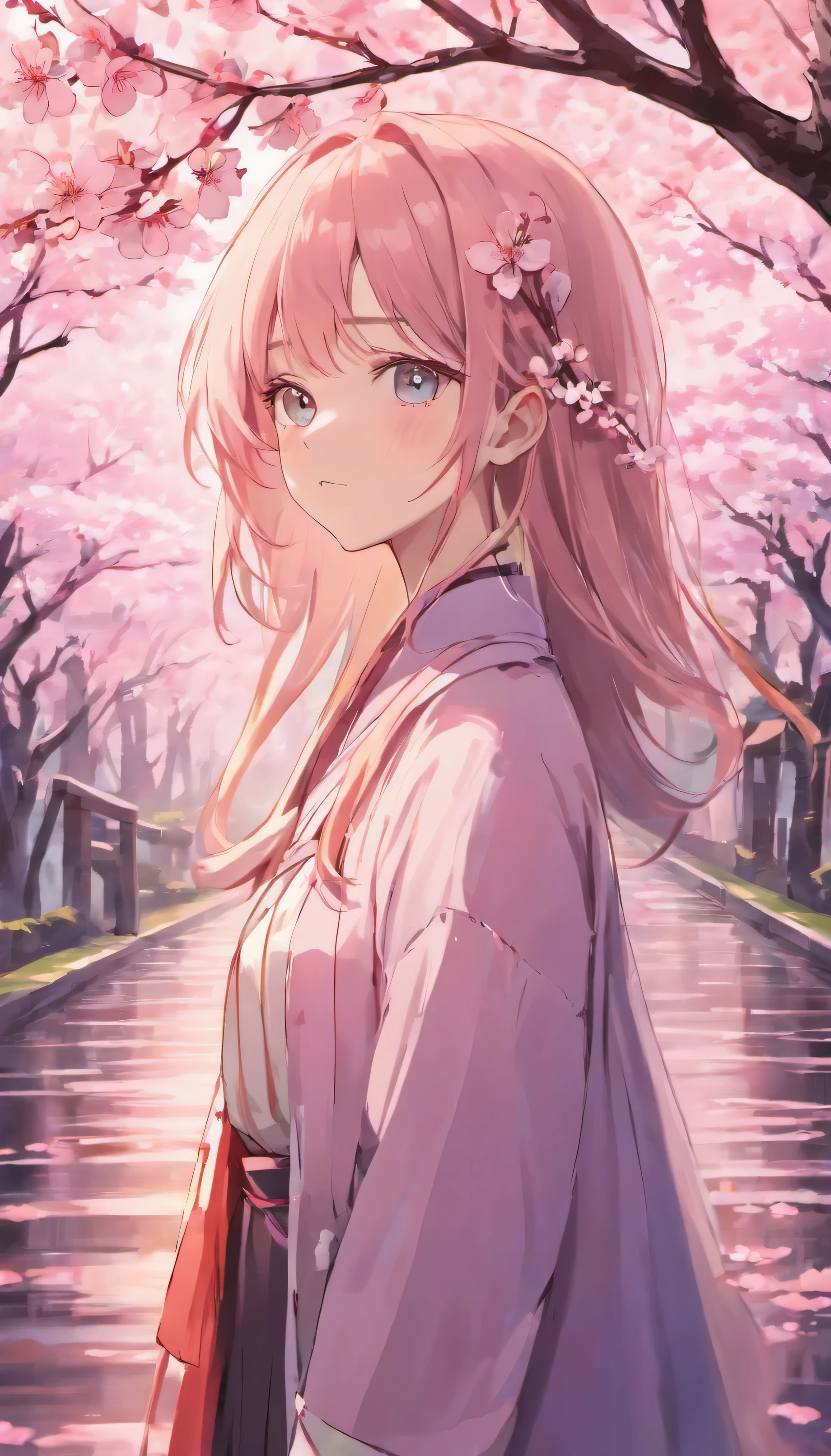 ((Best quality)), ((masterpiece)), ((realistic)), Girl with flawless beauty standing in a serene Japanese garden with cherry blossoms on eye level, scenic, masterpiece, (highres), original, extremely detailed 8K , (photorealistic:1.4),flawless face, perfect eyes,symmetrica body shape,smile,