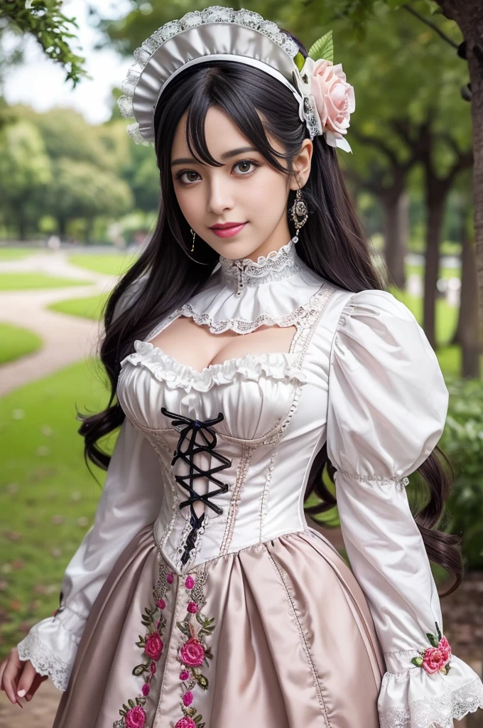 sexy stylish Spanish model, only 1 female, ((doll-like appearance)), ((ultra detailed Victorian-Style boots)), beautiful smile, ultra detailed eyes, vivid eye makeup, lipgloss, long lashes, defined eyebrows, ((sexy Paradise Kiss cosplay)), bell-shaped skirt, petticoats, high neckline, puffed sleeves, (( ultra detailed lace)), ((ultra detailed embroidery)), intricate details, Paradise Kiss accessoires and matching headpiece, choker, ((large sparkling Paradise Kiss jewelry)), cinematic light, detailed large park background with trees
