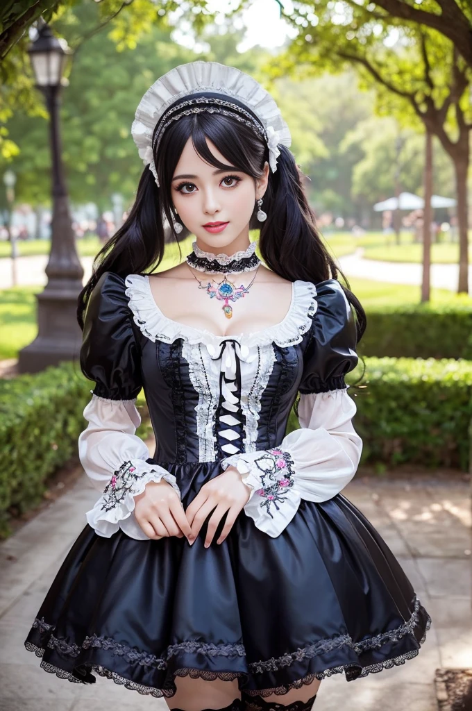 sexy stylish Spanish model, only 1 female, ((doll-like appearance)), ((ultra detailed Victorian-Style boots)), beautiful smile, ultra detailed eyes, vivid eye makeup, lipgloss, long lashes, defined eyebrows, ((sexy Paradise Kiss cosplay)), bell-shaped skirt, petticoats, high neckline, puffed sleeves, (( ultra detailed lace)), ((ultra detailed embroidery)), intricate details, Paradise Kiss accessoires and matching headpiece, choker, ((large sparkling Paradise Kiss jewelry)), cinematic light, detailed large park background with trees