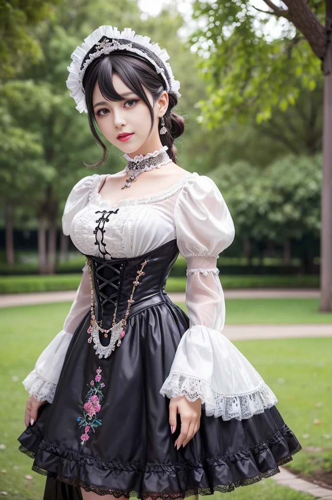 stylish female model, only 1 female, ((doll-like appearance)), ((ultra detailed Victorian-Style boots)), beautiful smile, ultra detailed eyes, vivid eye makeup, lipgloss, long lashes, defined eyebrows, ((sexyadise Kiss cosplay)), bell-shaped skirt, petticoats, high neckline, puffed sleeves, (( ultra detailed lace)), ((ultra detailed embroidery)), intricate details, Paradise Kiss accessoires and matching headpiece, choker, ((large sparkling Paradise Kiss jewelry)), cinematic light, detailed large park background with trees