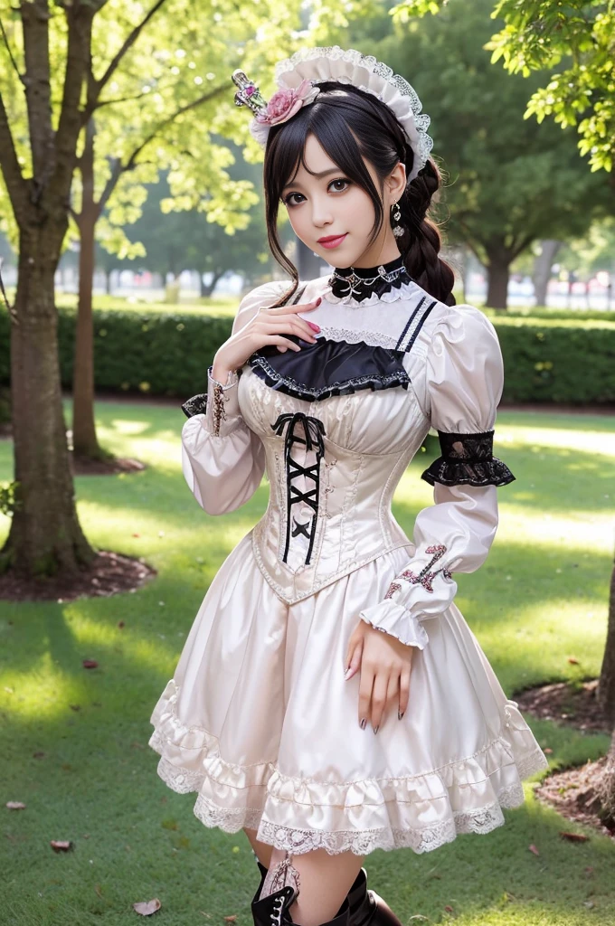 sexy stylish Spanish model, only 1 female, ((doll-like appearance)), ((ultra detailed Victorian-Style boots)), beautiful smile, ultra detailed eyes, vivid eye makeup, lipgloss, long lashes, defined eyebrows, ((sexy Paradise Kiss cosplay)), bell-shaped skirt, petticoats, high neckline, puffed sleeves, (( ultra detailed lace)), ((ultra detailed embroidery)), intricate details, Paradise Kiss accessoires and matching headpiece, choker, ((large sparkling Paradise Kiss jewelry)), cinematic light, detailed large park background with trees