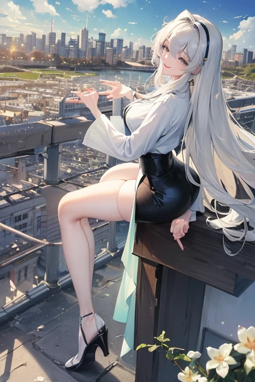 Official Art, masterpiece, Be focused, (beautiful, Beautiful and cute Korean woman:1.3), (Beautiful and cute Korean:1.3), Korean beauty, 精致beautiful头发、Eyes and face, Practical, Super detailed, beautiful女孩, Blue sky, Glowing white particles, (Side Light:1.2), Sunlight, White Cloud, Detailed clouds, Slim, Such a cute big ass, Smile with teeth bared, ((Smile with your eyes, Open your eyes)), landscape, Long and straight hair, sexy facial expression, architecture, (city View:1.7), Dynamic Hair, very Long and straight hair, Delicate platinum-blonde hair, Green Eyes, Black skirt, , Pale skin, Hair accessories, epic landscape,,White high heels,Nice ass,beautiful buttocks,There'There's nothing under the skirt..,weight loss