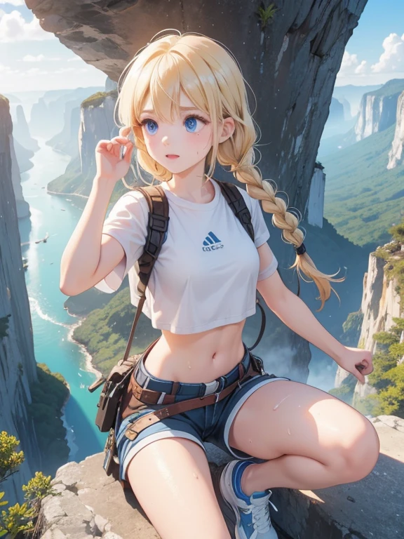 (8k, highest quality, Tabletop:1.2)、Ultra-high resolution, Detailed face, (Top-down view), 15-year-old girl, blue eyes, blonde, Braiding, (((Free Solo Climbing))), ((Hands on the cliff)), ((Lift your head)), ((Sweat)), ((sneakers)), ((meanwhile)), (Crop top), (Shorts), holster, fog, null, Dense forest, canyon, high null