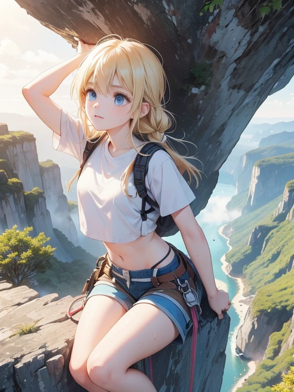 (8k, highest quality, Tabletop:1.2)、Ultra-high resolution, Detailed face, (Top-down view), 15-year-old girl, blue eyes, blonde, Braiding, (((Free Solo Climbing))), ((Hands on the cliff)), ((Lift your head)), ((Sweat)), ((sneakers)), ((meanwhile)), (Crop top), (Shorts), holster, fog, null, Dense forest, canyon, high null