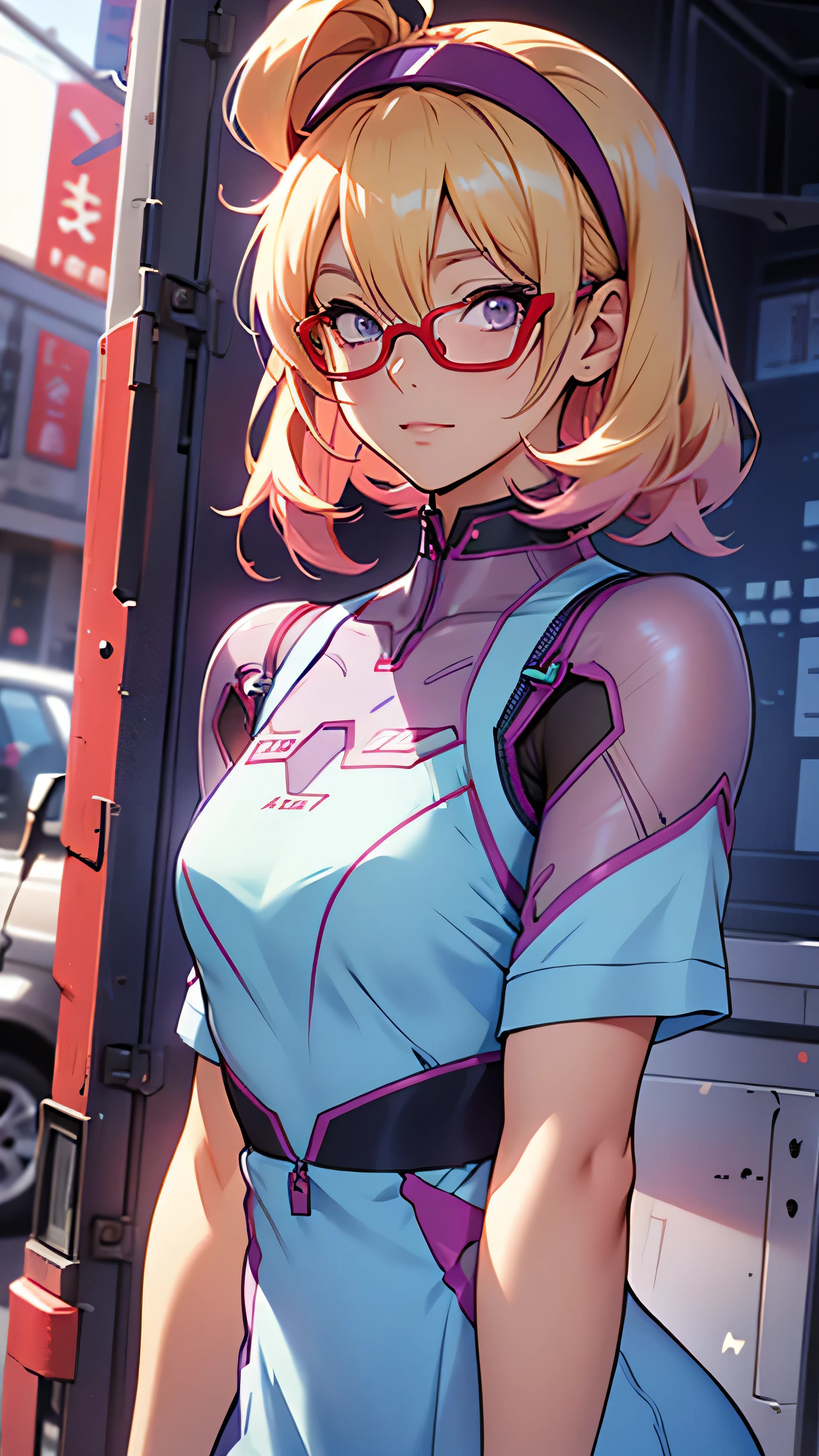 anime,An illustration,purple robot,Mobile Suit,Dom,Light blue check dress,Red glasses,Blonde,Light blue mesh hair,beautiful girl,Sora Sakurano,one person