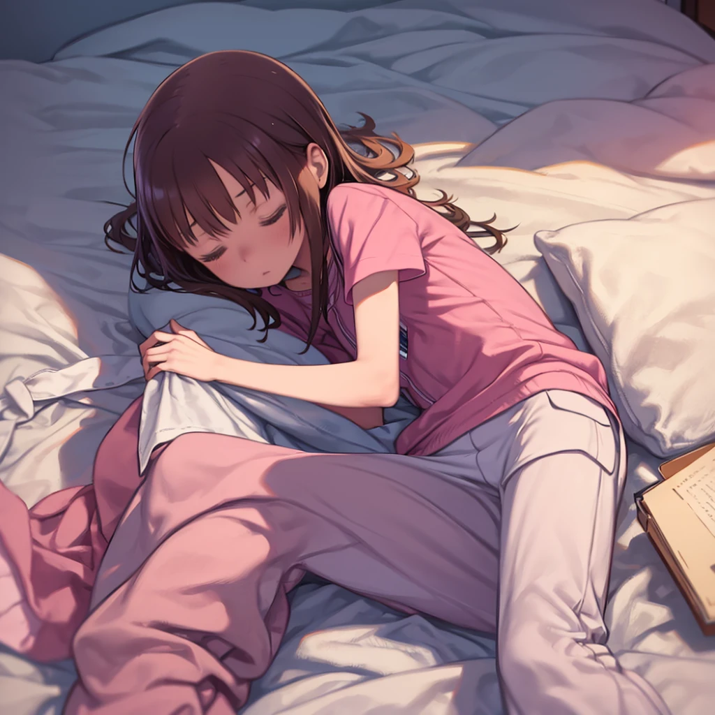 Sleeping girl, 22 years old, Realistic, She is wearing long pants, She is wearing pink pajamas, Brown Hair.