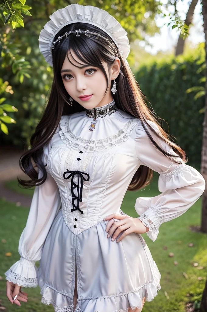 sexy stylish Spanish model, only 1 female, ((doll-like appearance)), ((ultra detailed Victorian-Style boots)), beautiful smile, ultra detailed eyes, vivid eye makeup, lipgloss, long lashes, defined eyebrows, ((sexy Paradise Kiss cosplay)), bell-shaped skirt, petticoats, high neckline, puffed sleeves, (( ultra detailed lace)), ((ultra detailed embroidery)), intricate details, Paradise Kiss accessoires and matching headpiece, choker, ((large sparkling Paradise Kiss jewelry)), cinematic light, detailed large park background with trees 