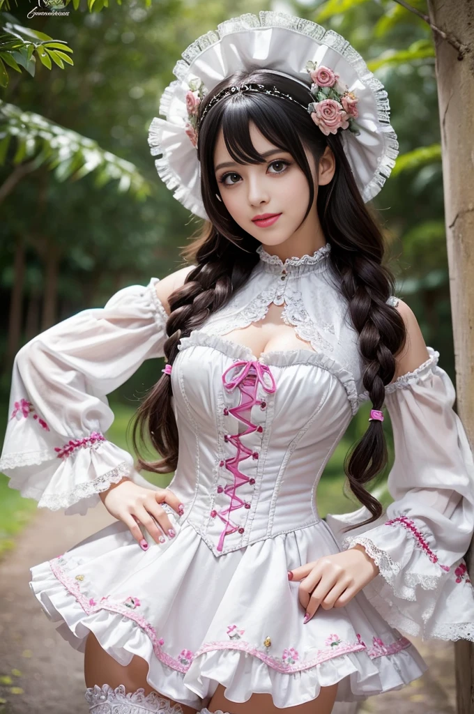 sexy stylish Spanish model, only 1 female, ((doll-like appearance)), ((ultra detailed Victorian-Style boots)), beautiful smile, ultra detailed eyes, vivid eye makeup, lipgloss, long lashes, defined eyebrows, ((sexy Paradise Kiss cosplay)), bell-shaped skirt, petticoats, high neckline, puffed sleeves, (( ultra detailed lace)), ((ultra detailed embroidery)), intricate details, Paradise Kiss accessoires and matching headpiece, choker, ((large sparkling Paradise Kiss jewelry)), cinematic light, detailed large park background with trees