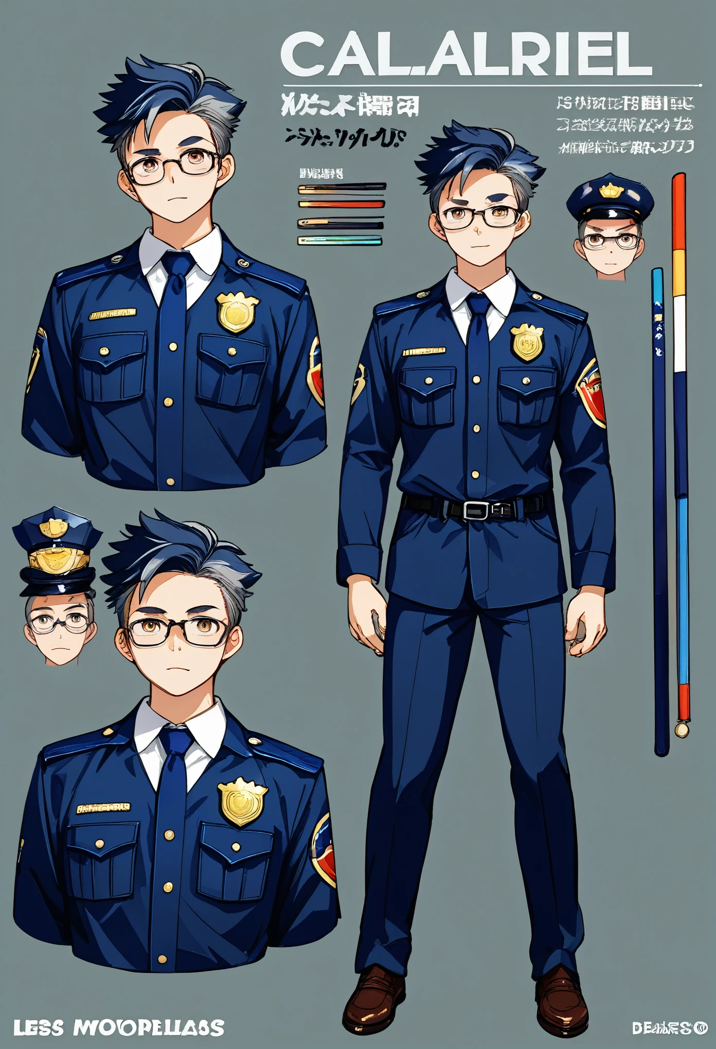 highres, top quality, best quality, paid reward available, High-quality illustrations, unparalleled masterpiece, perfect artwork, absurdres, perfect anatomy, standing kemono boy, three view drawing, front and side and back, character sheet, character design police man!!, anime character, glasses, facial expressions, Detailed description of character, text, Transform wolf, Collection of setting materials,