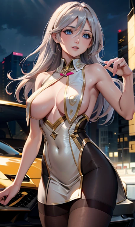 A beautiful mature woman with silver long hair and blue eyes, smiling with pink lips, wearing a gold revealing dress that exposes her , standing in front of a sports car in a night city, (best quality,4k,8k,highres,masterpiece:1.2),ultra-detailed,(realistic,photorealistic,photo-realistic:1.37),detailed face,intricate dress,luxury sports car,dynamic lighting,cinematic composition,dramatic atmosphere,vibrant colors,volumetric lighting, Covered , gold party gloves, thick tight, wearing gold pantyhose, gold earing