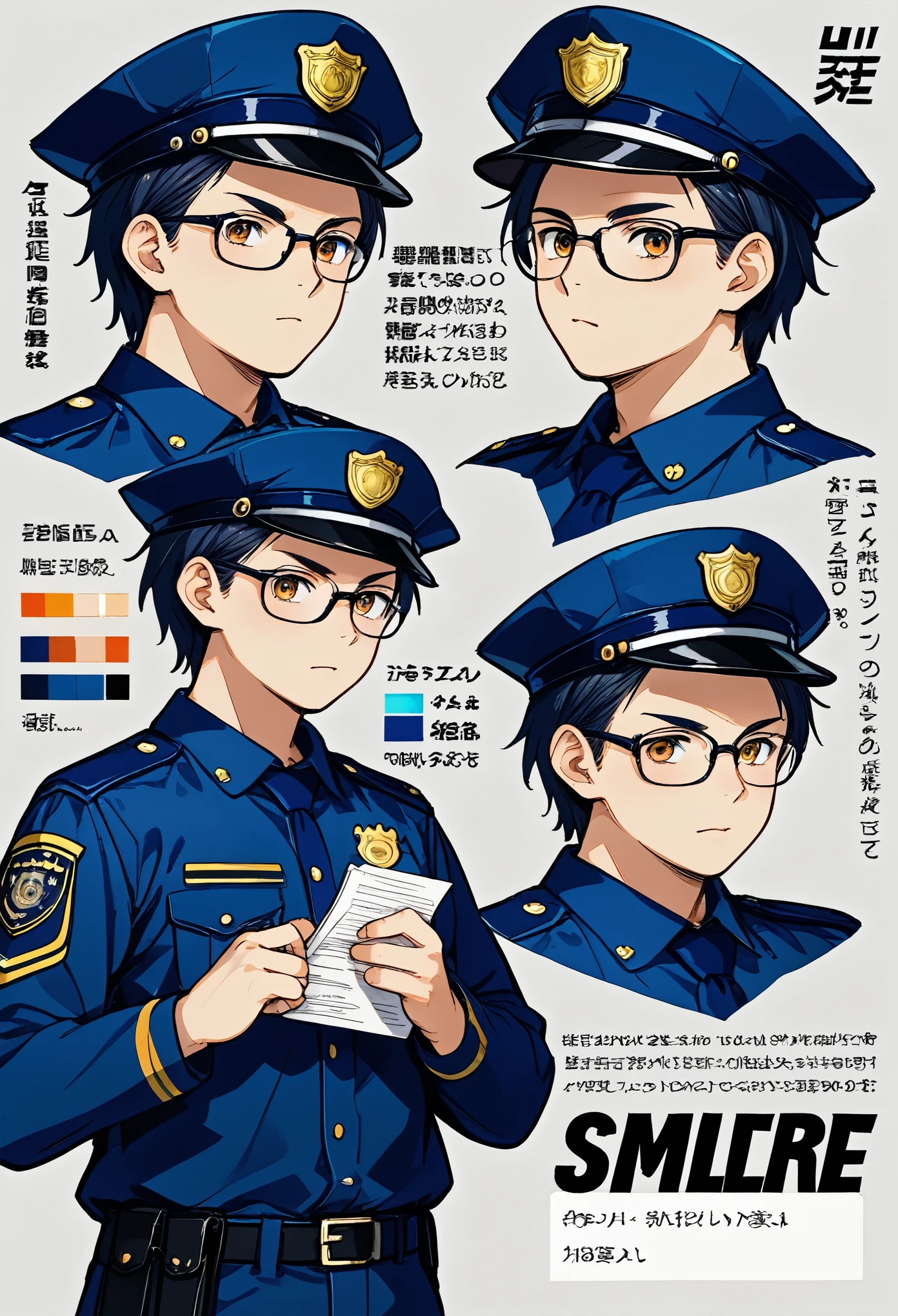 highres, top quality, best quality, paid reward available, High-quality illustrations, unparalleled masterpiece, perfect artwork, absurdres, perfect anatomy, standing kemono boy, three view drawing, front and side and back, character sheet, character design police man!!, anime character, glasses, facial expressions, Detailed description of character, text, Transform wolf, Collection of setting materials,