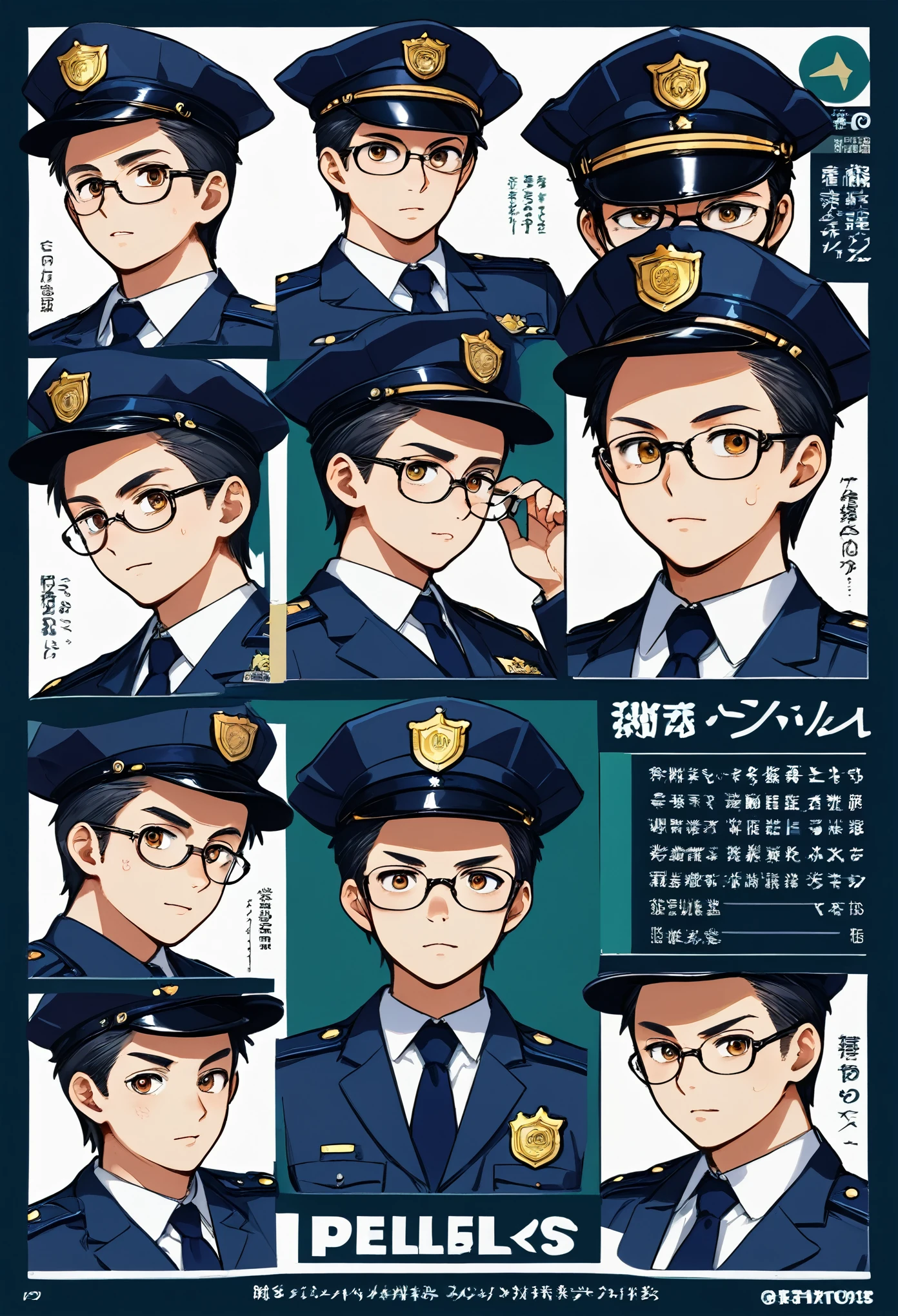 highres, top quality, best quality, paid reward available, High-quality illustrations, unparalleled masterpiece, perfect artwork, absurdres, perfect anatomy, standing kemono boy, three view drawing, front and side and back, character sheet, character design police man!!, anime character, glasses, facial expressions, Detailed description of character, text, Transform wolf, Collection of setting materials,