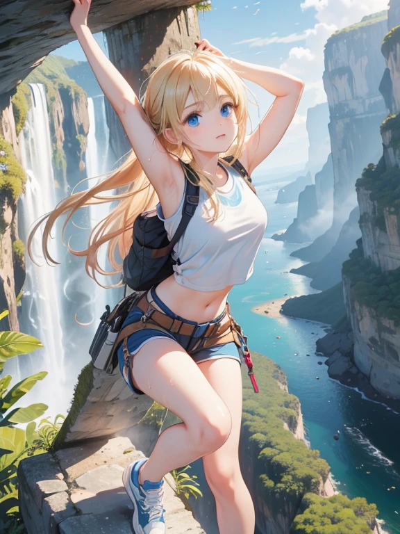 (8k, highest quality, Tabletop:1.2)、Ultra-high resolution, Detailed face, (See her from above), 15-year-old girl, blue eyes, blonde, Braiding, (((Free Solo Climbing))), ((Hands on the cliff)), ((Lift your head)), ((Sweat)), ((sneakers)), ((meanwhile)), (Crop top), (Shorts), holster, fog, null, Dense forest, canyon, high null