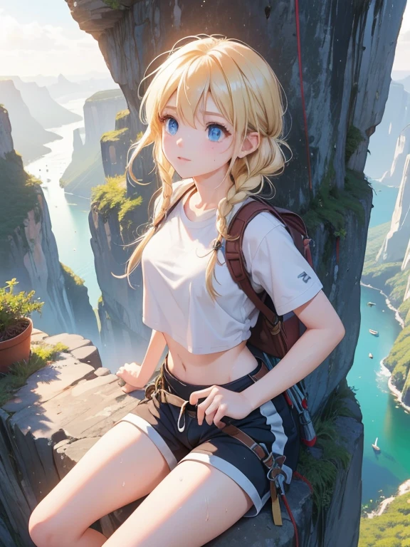 (8k, highest quality, Tabletop:1.2)、Ultra-high resolution, Detailed face, (See her from above), 15-year-old girl, blue eyes, blonde, Braiding, (((Free Solo Climbing))), ((Hands on the cliff)), ((Lift your head)), ((Sweat)), ((sneakers)), ((meanwhile)), (Crop top), (Shorts), holster, fog, null, Dense forest, canyon, high null