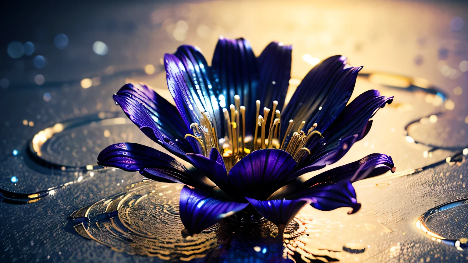 (liquid metal art: 1.5)liquid metal a picture of a exquisite beautiful lily flower made from liquid metal  (masterpiece, best detailed, best quality: 1.4), (blue: 1.5) petals,  there is (purple: 1.3) vivid, living butterfly (masterpiece, best detailed, best quality: 1.4) flying near the lily  dynamic range, ultra wide shot, photorealism, depth of field, hyper realistic, dynamic range, ultra wide shot, photorealism, depth of field, hyper realistic, 3D render