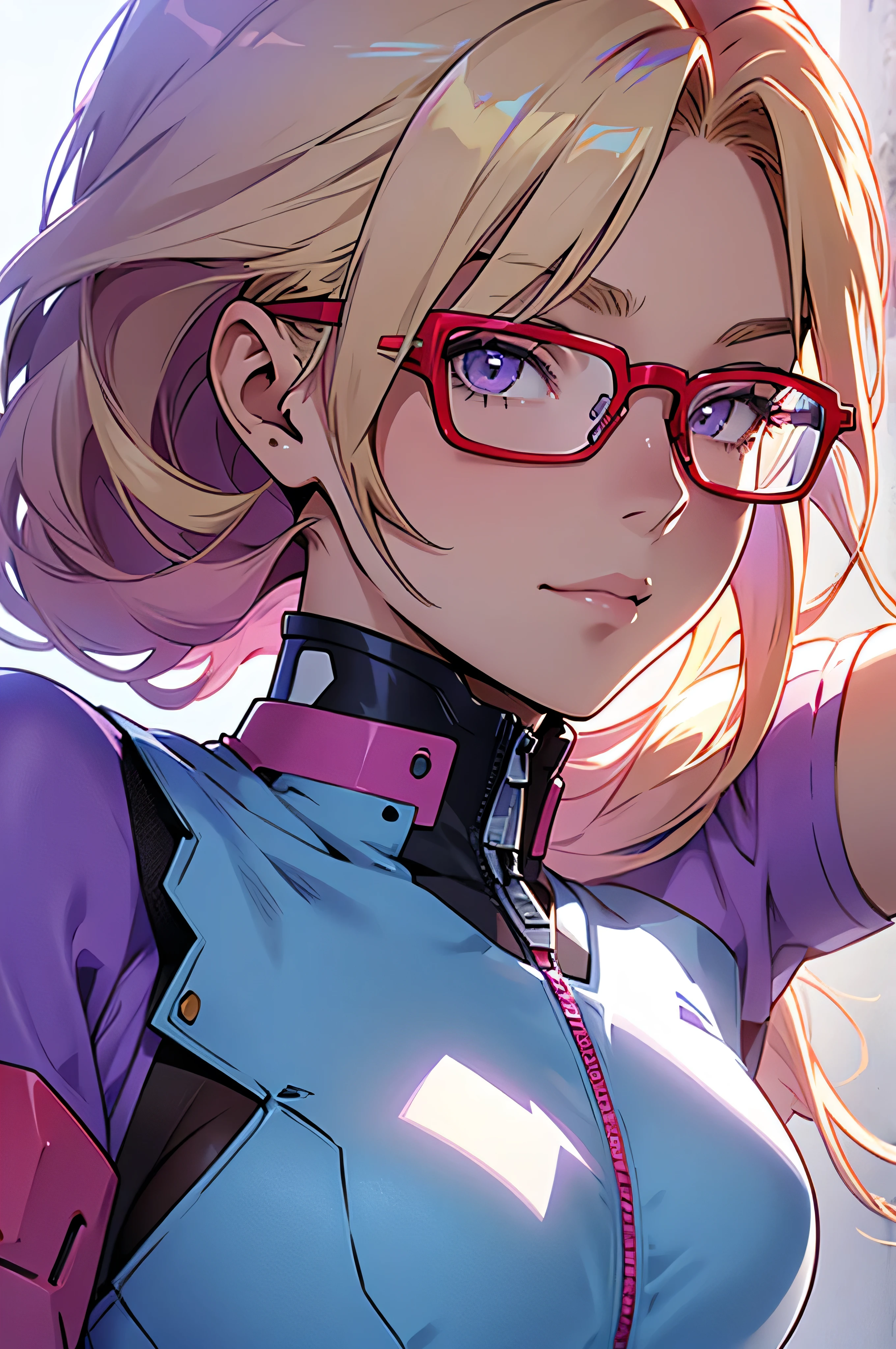 anime,An illustration,purple robot,Mobile Suit,Dom,Light blue check dress,Red glasses,Blonde,Light blue mesh hair,beautiful girl,Sora Sakurano,one person
