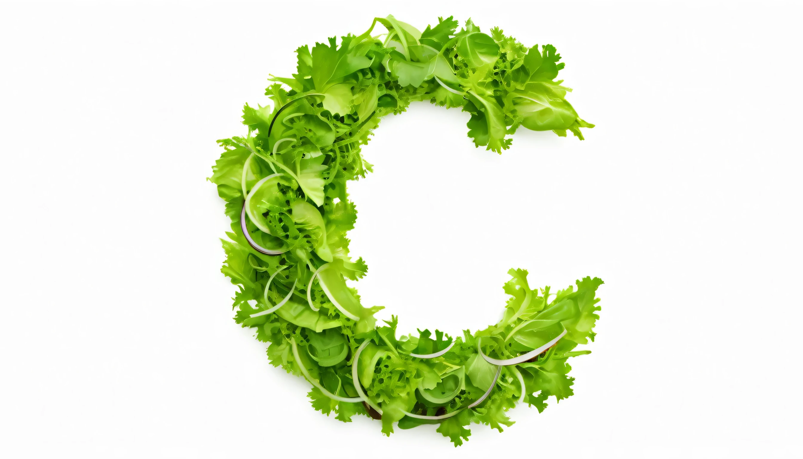 Character ' C ' made of salad, sharp outline, photography, isolated white background .