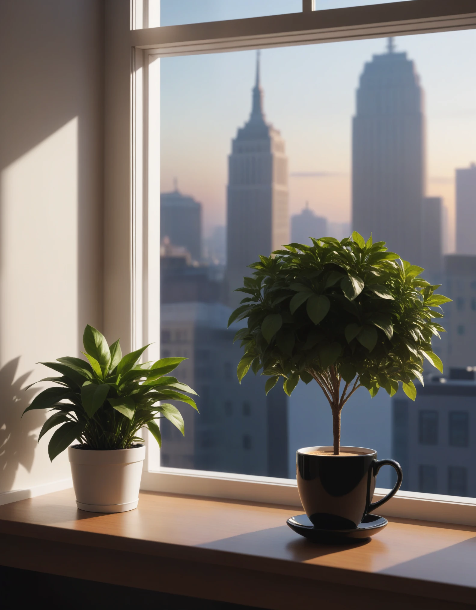 (mrs. wilde:1.25) white suit, grey necktie, grey pants, green eyes, small breasts, sitting, half-length portrait, three-quarter view, looking at viewer, high-angle view, BREAK, store, office, inside, window, city, potted plant, coffee, detailed background, foreground, depth of field, backlighting, ambient silhouette, masterpiece, best quality, light, 4k, 2k, photography