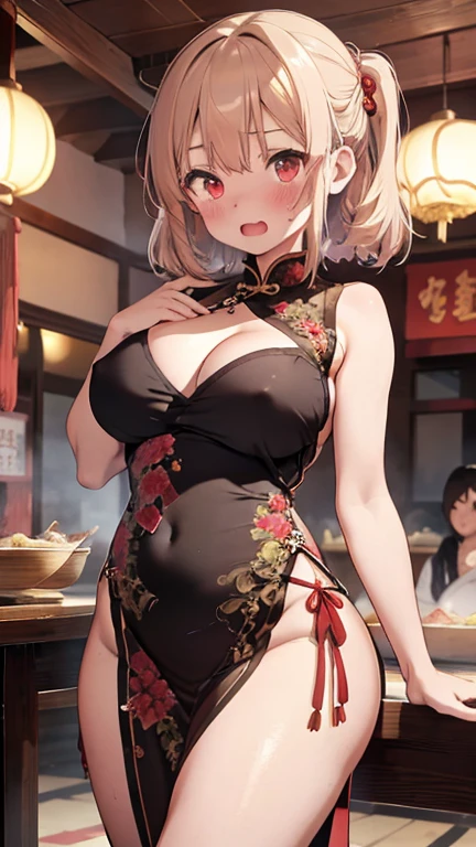 mastute piece,Best Quality,insanely detailed,8k cg,nsfw,
shoot upper body,(body in front:1.1),
1girl,standing,looking at viewer,Proudly、(upright:1.3),(China dress),
break,blush,shy,(trembling:1.2),break,(Cream colored hair),(large breasts),Short:1.2、(open mouth:0.9),(Chinese restaurant),