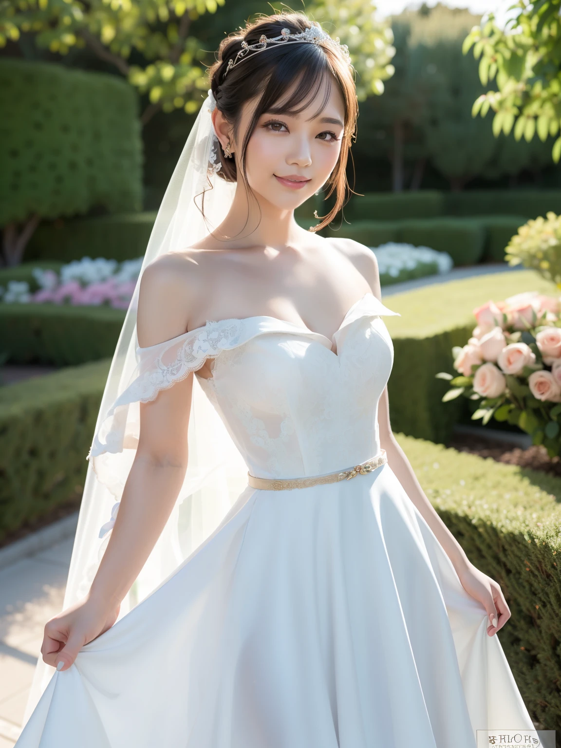 (Best quality: 1.5), (Realistic: 1.5), (1 person: 1.5), (Medium shot: 1.5), Highly detailed, High resolution, 8k, Medium , Natural colored lips, Cute smile, Japanese woman, 20-year-old girl, beautiful and elegant features, perfect and beautiful face, large eyes with good balance between the left and right sides, brunette eyes, beautiful and elegant features, beautiful double eyelids, natural bangs, beautiful thin nose, beautiful skin, fair skin, (medium bob hair), natural bangs, perfect and beautiful face, slim face and figure, (looks at the camera with a sweet smile), bright lighting, professional lighting, forward lighting, princess line wedding dress, best Wearing a luxury bridal tiara (wearing a pure white off-shoulder wedding dress), luxury wedding dress, lace white gloves, bridal veil, (Western garden with beautiful roses), Western garden, micro mini skirt, ((garter belt)), knee-high lace stockings,