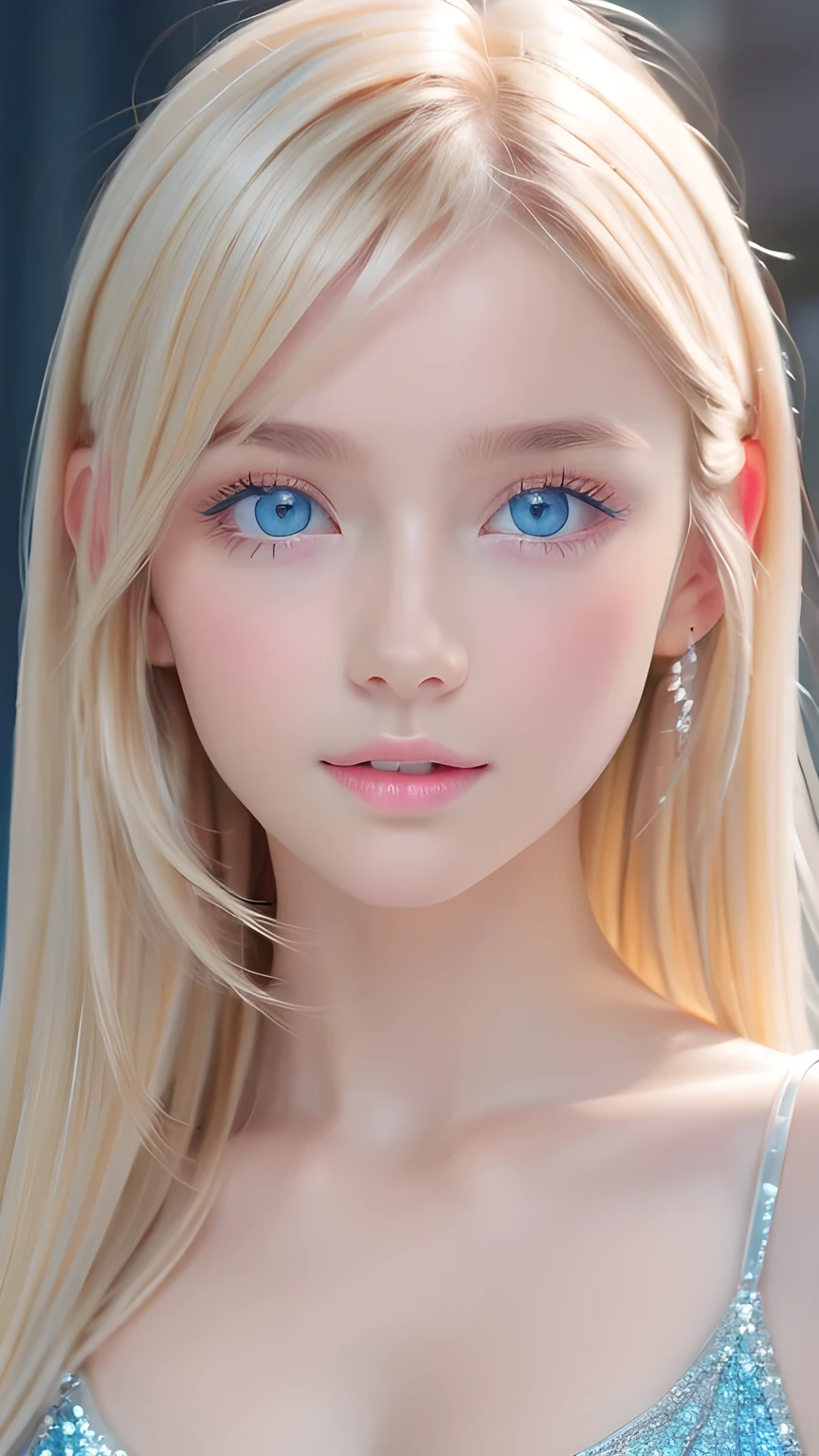Beautiful white and shining skin、Blonde hair that changes color depending on the light、Bangs between the eyes obstruct vision、Shiny highlights on the cheeks、Sexy and very beautiful nice cute gorgeous face、The most beautiful face in the world、Super long gorgeous spare blonde hair、Smooth straight hair、Large Breasts, Very large, bright blue eyes that sparkle beautifully、Beautiful Bangs、Beautiful cute girl.Small Face Beauty、Cheek gloss highlighter