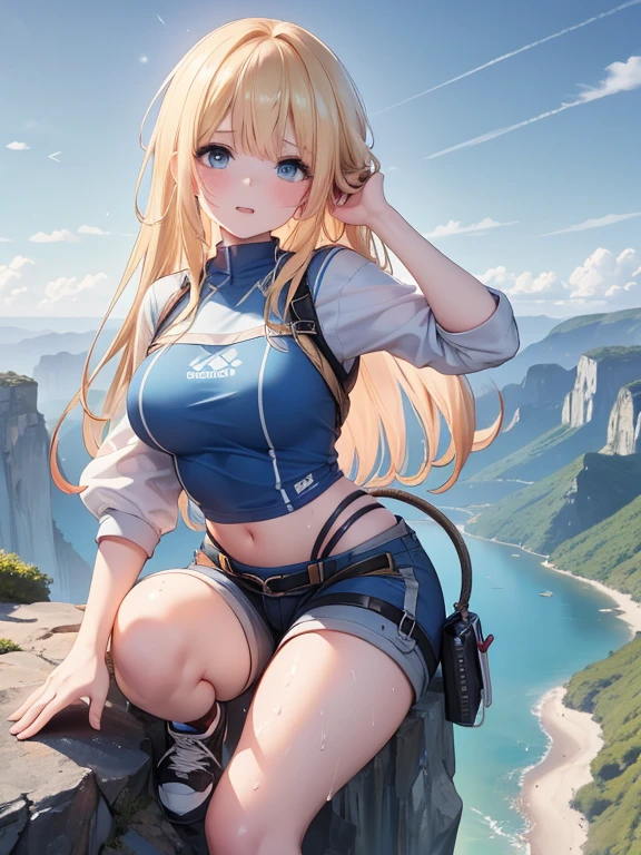 (8k, highest quality, Tabletop:1.2)、Ultra-high resolution, Detailed face, (See her from above), -yeld gi blue eyes, blonde, Braiding, (((Free Solo Climbing))), ((Hands on the cliff)), ((Lift your head)), ((Sweat)), ((sneakers)), ((meanwhile)), (Crop top), (Shorts), holster, fog, null, Dense forest, canyon, high null