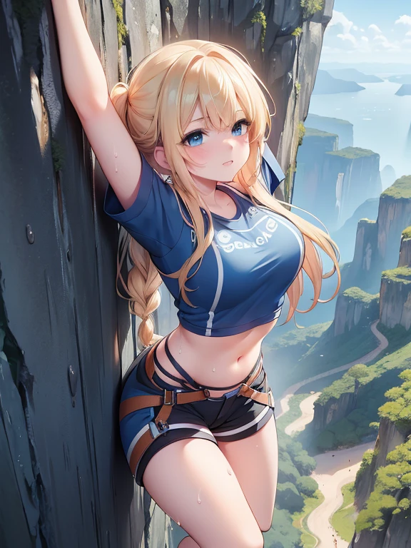 (8k, highest quality, Tabletop:1.2)、Ultra-high resolution, Detailed face, (See her from above), ****************, blue eyes, blonde, Braiding, (((Free Solo Climbing))), ((Hands on the cliff)), ((Lift your head)), ((Sweat)), ((sneakers)), ((meanwhile)), (Crop top), (Shorts), holster, fog, null, Dense forest, canyon, high null