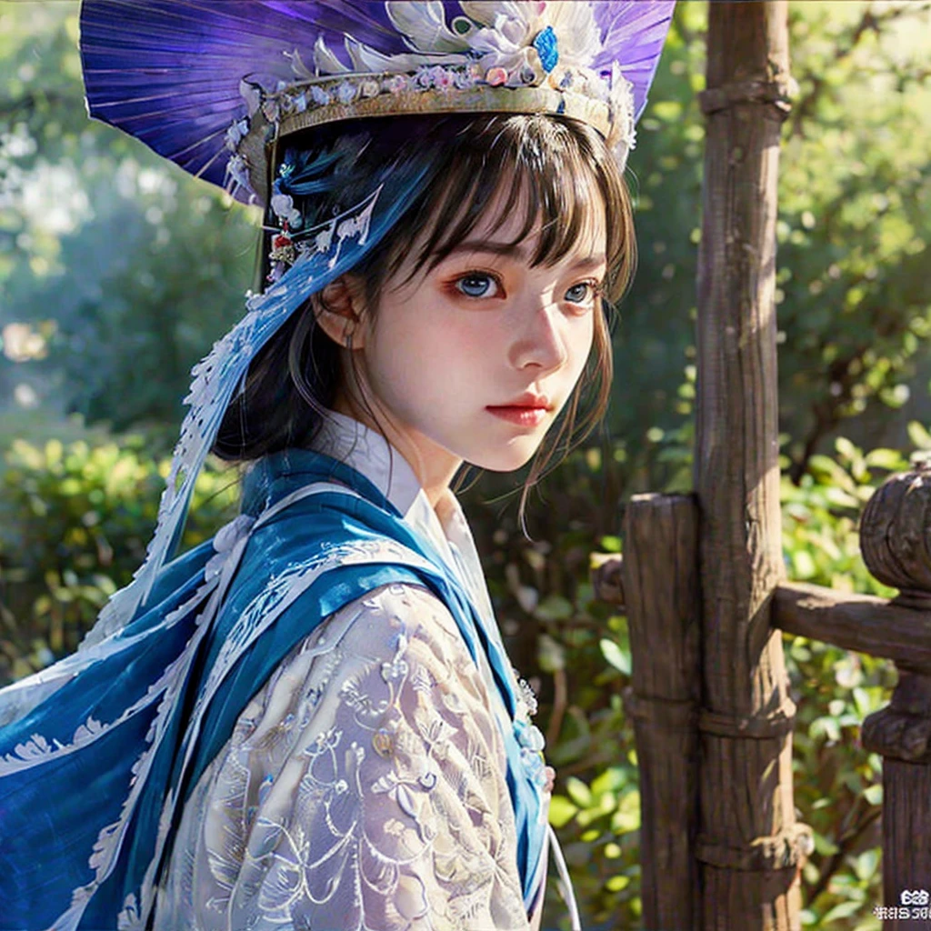 cinematic photo Uhd, masterpiece, intricate details photorealistic potrait, A beautiful Murim warrior, 24 years old, stands out in a large hat with a very long translucent veil attached to outer edge of hat covering the face and body, a kimono(white, purple,blue, colour scheme), white hair, and blue eyes. She is skilled in poison martial arts. Imagine a hyper realistic portrait capturing her beauty and strength. Every detail is meticulously rendered, from the intricate patterns on her kimono to the intensity in her eyes. The image exudes a sense of both innocence and power, drawing viewers in with its lifelike quality and captivating presence.photorealistic, unreal engine, film, bokeh, professional, 32k, highly detailed