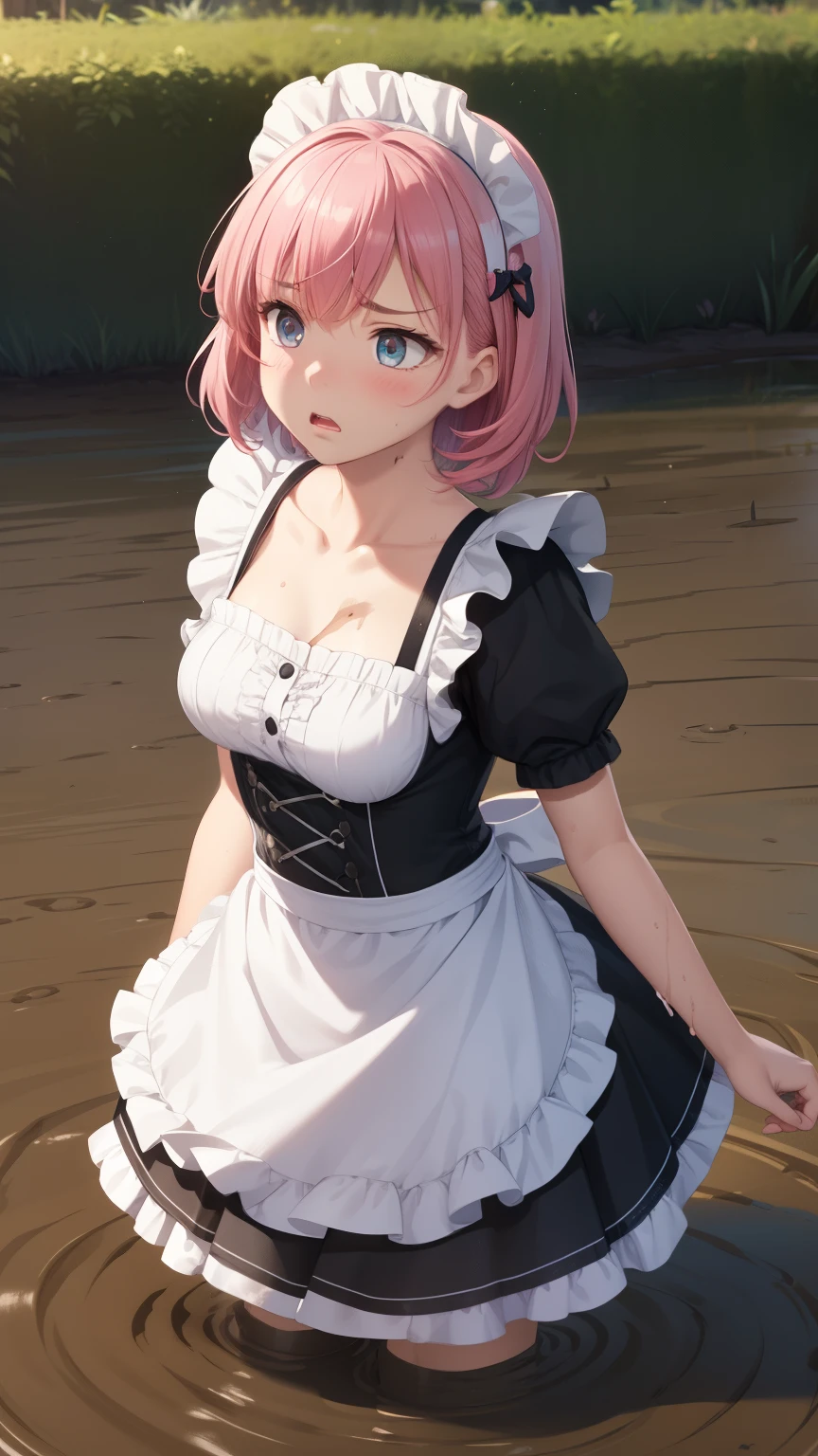 1girl, natural lighting, masterpiece, highly detailed, illustration, game CG, absurdres, high quality, aichan, large breasts, beautiful detailed eyes, medium bright pink hair, bangs, glossy lips, upset, scared, garden, maid, short puffy sleeves, small maid apron, collarbone, (sinking in mud:1.2)