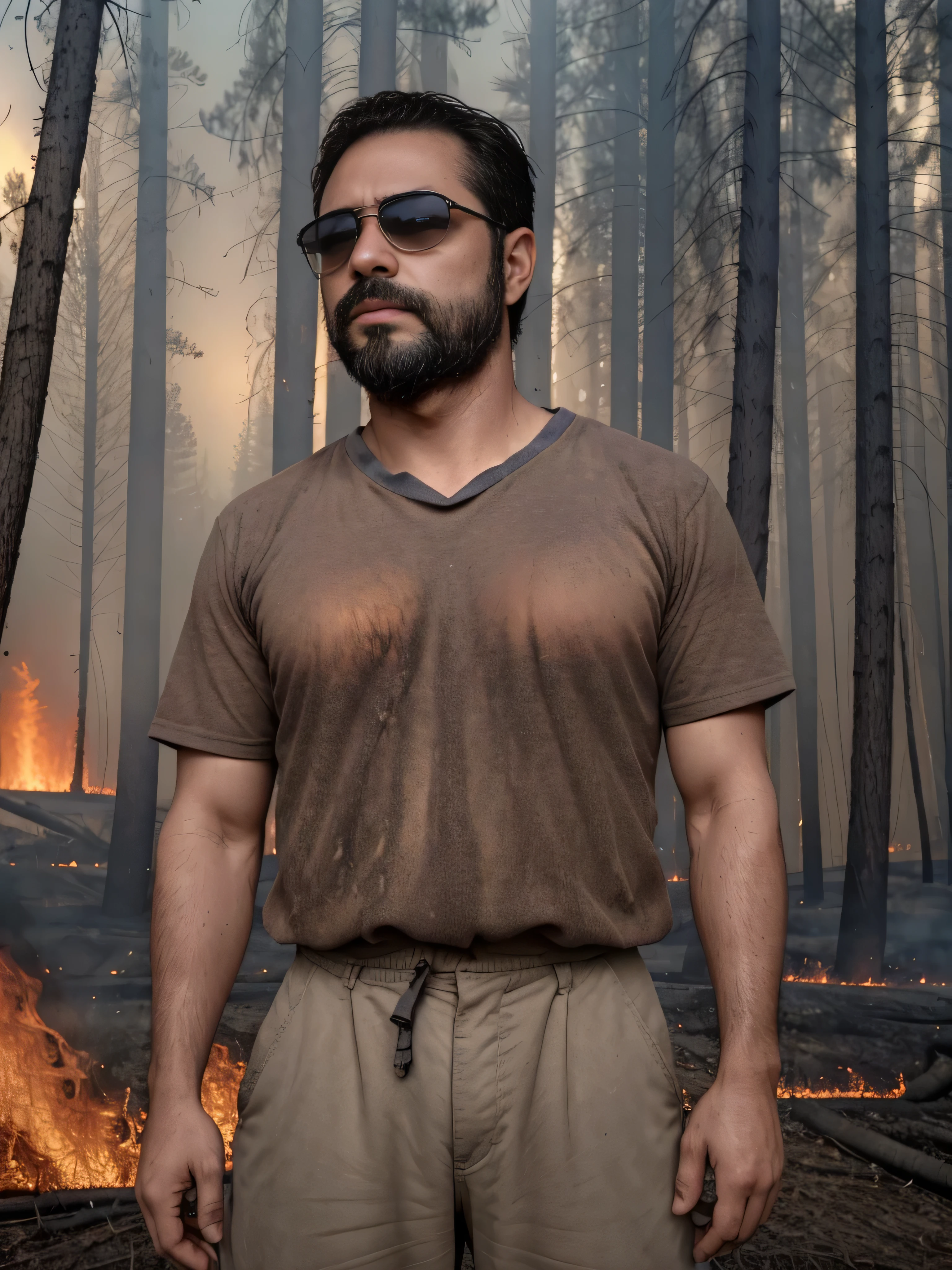A highly detailed, super-realistic image of a 38-year-old man with a masculine appearance, wearing dark sunglasses. His face shows intricate textures, and he is depicted from the waist up in a medium shot. The scene is set during a raging wildfire. He stands amidst burning trees and intense flames, with smoke swirling around him. The man's clothes are singed, and his face is smudged with ash. His expression is one of fierce determination and courage as he looks ahead, perhaps searching for a way out or for survivors. The background captures the intense heat, smoke, and chaos of the wildfire.