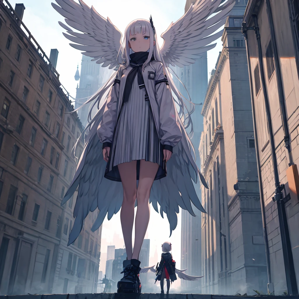 A girl with white hair and wings standing in front of a building