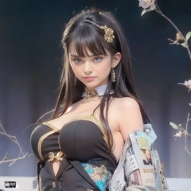 The most beautiful girl face in the world, black hairs, green eyes, gorgeous babe, 18 years old european, Ultra realistic , photo realistic nikon, 4k uhd, very actractive, nobel photography, masterpiece, very very large breasts, black dress, push up bra breasts, blue top, jacket, some little flowers on hairs,  near shot, (((european girl face)))