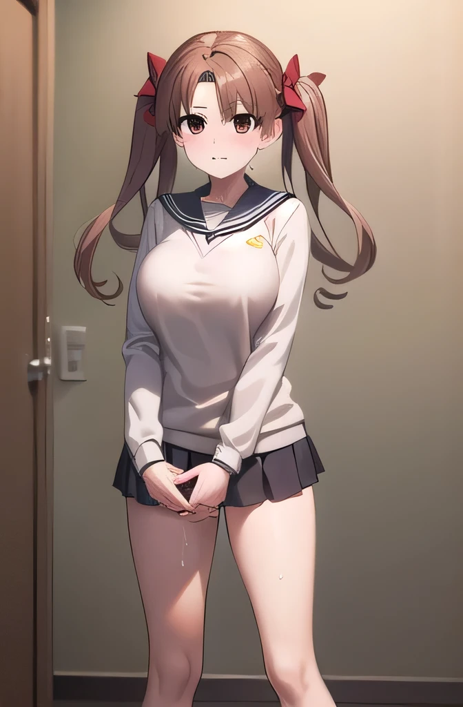 kurokoshirai, kuroko shirai, brown hair, long hair, (parted bangs:1.5), (brown eyes:1.7), Ringlet, twin tails, hair bow, bow, red bow, (big breasts:1.5),
break,Wearing a pink sailor uniform and a red pleated skirt:1.2、Light pantyhose、twin tails、
break looking at viewer, whole body,
Break in my dorm room、
break (masterpiece:1.2), highest quality, High resolution, unity 8k wallpaper, (shape:0.8), (fine and beautiful eyes:1.6), highly detailed face, perfect lighting, Very detailed CG, (perfect hands, perfect anatomy),blush:1.3、sweat on face:1.5、Standing still、Grinning mouth、Sweaty、Full body portrait、Hollow Eyes、Fluid dripping from the crotch、Nipple erection