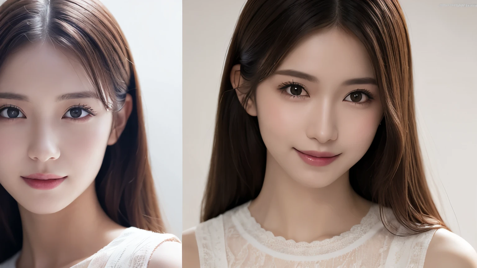 One Girl, (Wear trendy fashion:1.2), (RAW Photos, highest quality), (Realistic, Realistic:1.4), Tabletop, Very delicate and beautiful, Very detailed, 2k wallpaper, wonderful, In detail, Very detailedな CG Unity 8K 壁紙, Very detailedな, High resolution, Soft Light, Beautiful detailed girl, Looking into the camera、Very detailedな目と顔, Beautiful and detailed nose, Beautiful details, Long Hair, small, White clothes、White Background、Background is white、Cinema Lighting, Perfect Anatomy, Slender body, smile,